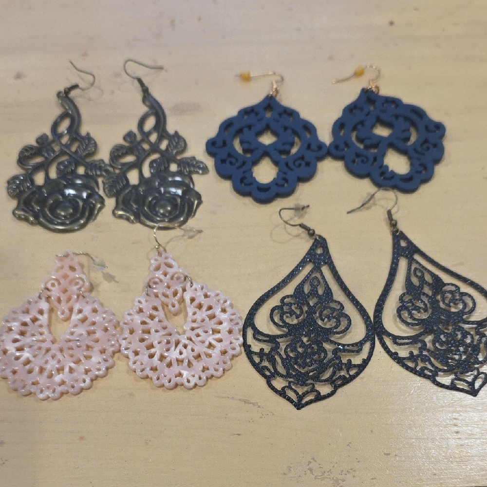 Plunder Bundle Filigree Earrings  Black, Blue, and Pink Dangle Earrings Set